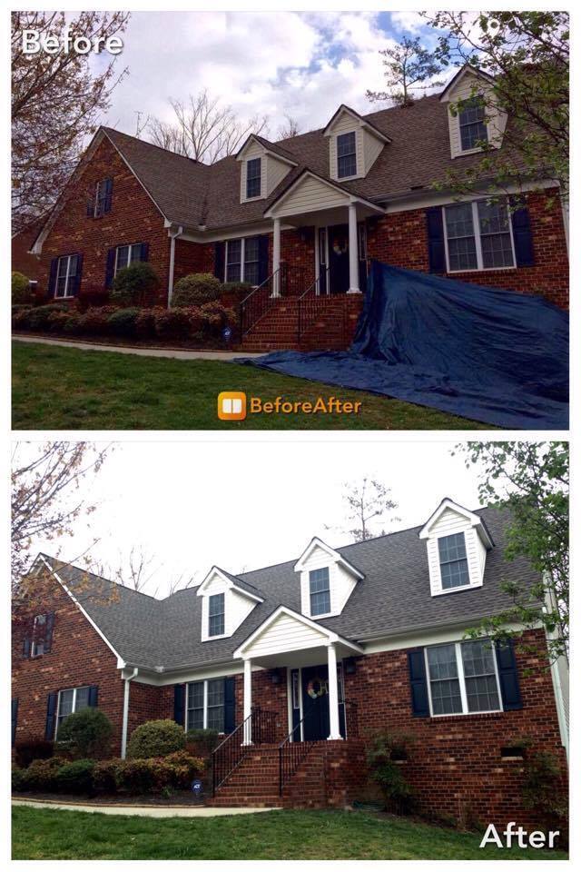 Roof replacement on a brick two-story home